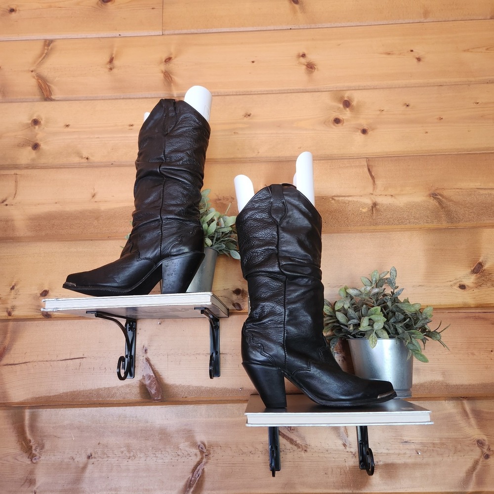 Vibram Sole Vintage Black Leather Western Slouch Heel Cowgirl Boots Festival 6M - Picture 4 of 9